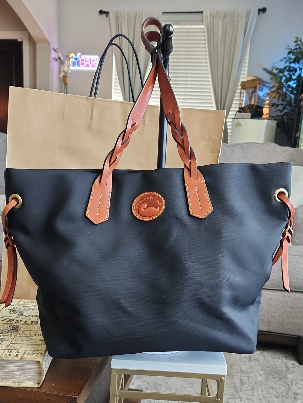 Dooney & Bourke Black Nylon Shopper Tote with Braided Leather Straps